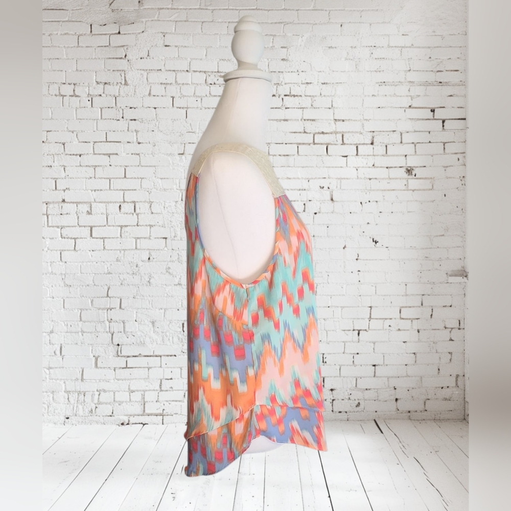EUC Maurices Orange and Blue Sleeveless Blouse With Crochet Back Detail Sz S